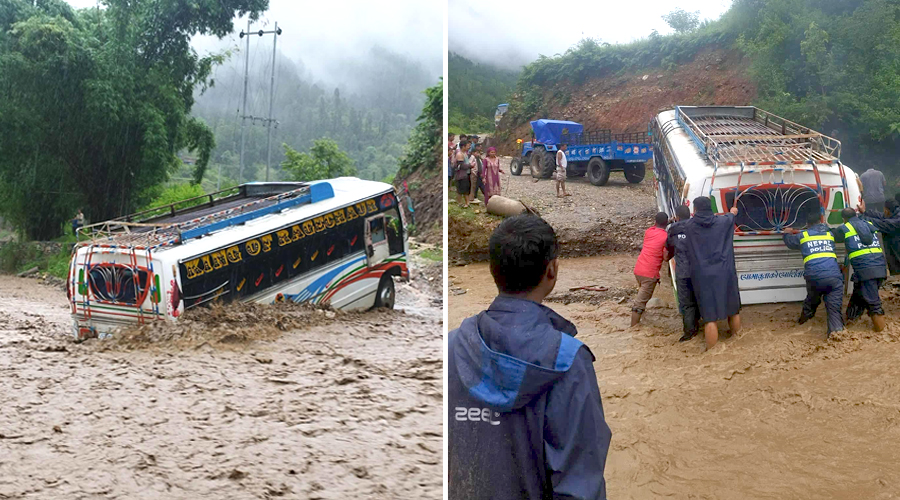 सल्यानमा विद्यालय बस बाढीमा फस्यो