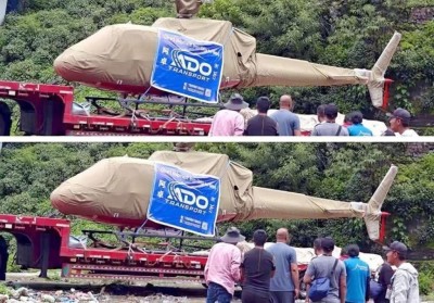 कन्टेनरमा लोड गरेर तातोपानी नाकाबाट पहिलोपटक हेलिकप्टर भित्रियो